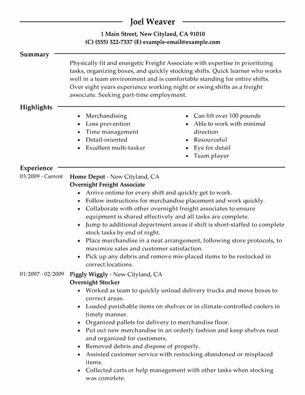 Part Time Overnight Freight associates Resume Examples
