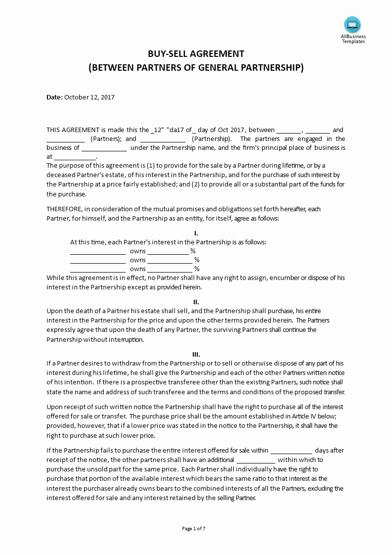 Partnership Buy Sell Agreement form