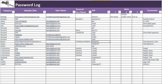 Password Log Excel and Pdf Template Password Tracker