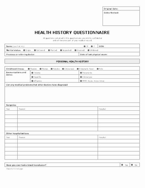 Patient Health History Questionnaire 4 Pages