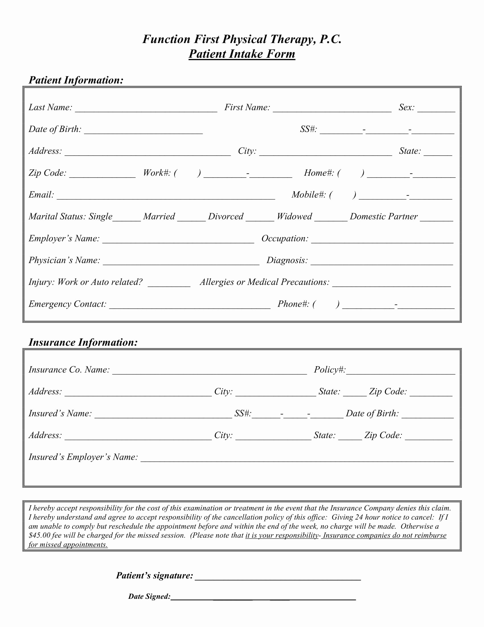 patient intake form template excel