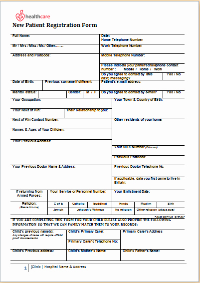 Patient Registration form Ms Word