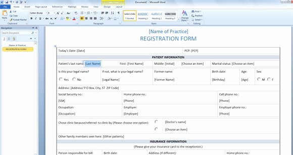 Patient Registration form Template for Word 2013