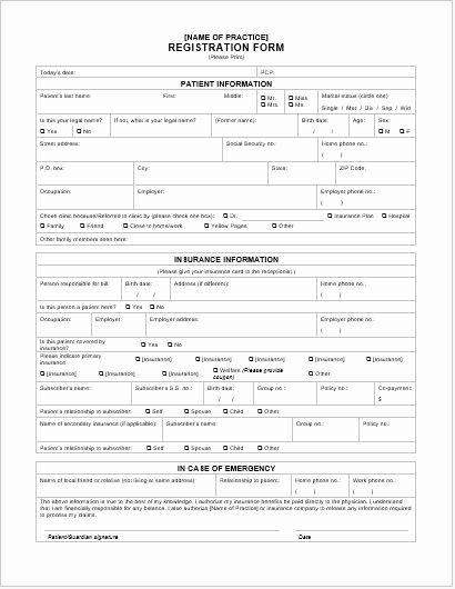 Patient Registration forms for Ms Word