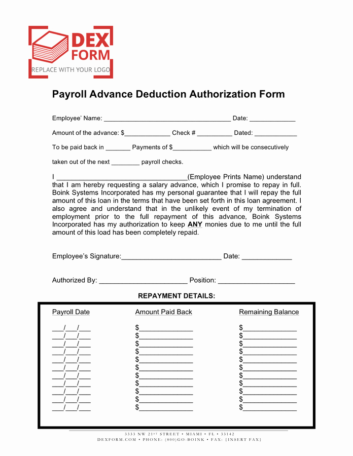 Payroll Advance Deduction Authorization form In Word and