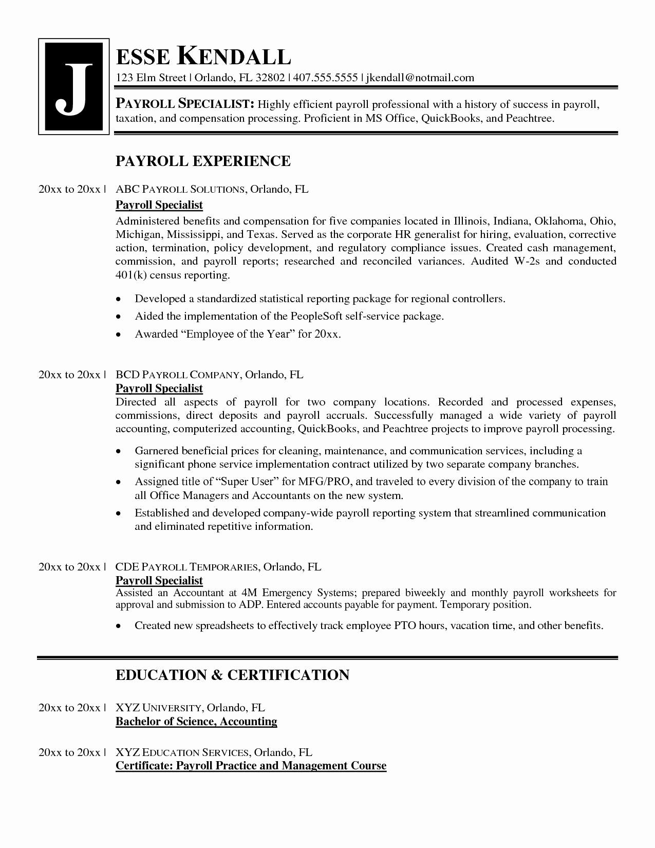 Payroll Specialist Sample Resume with Relevant Work