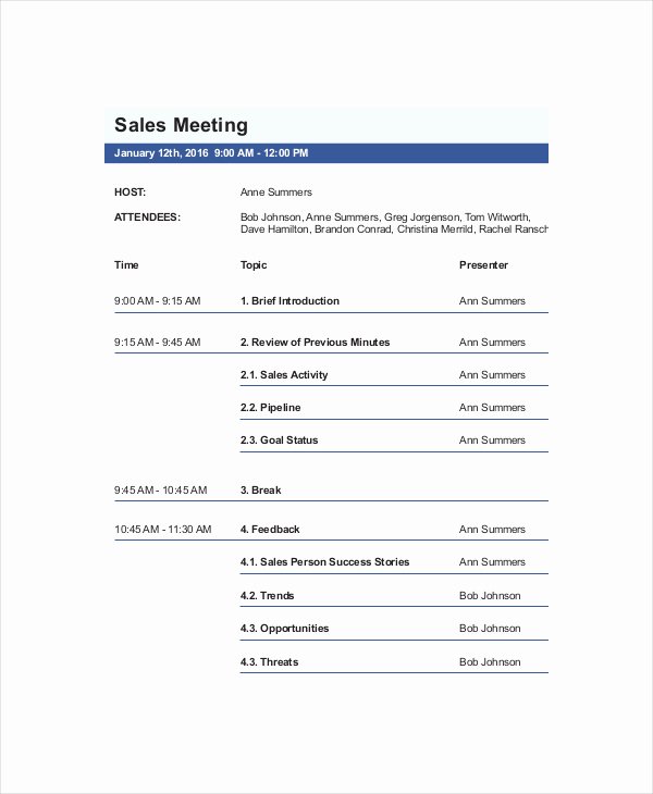 Perfect Agenda Sales Meeting Template Sample with Host and