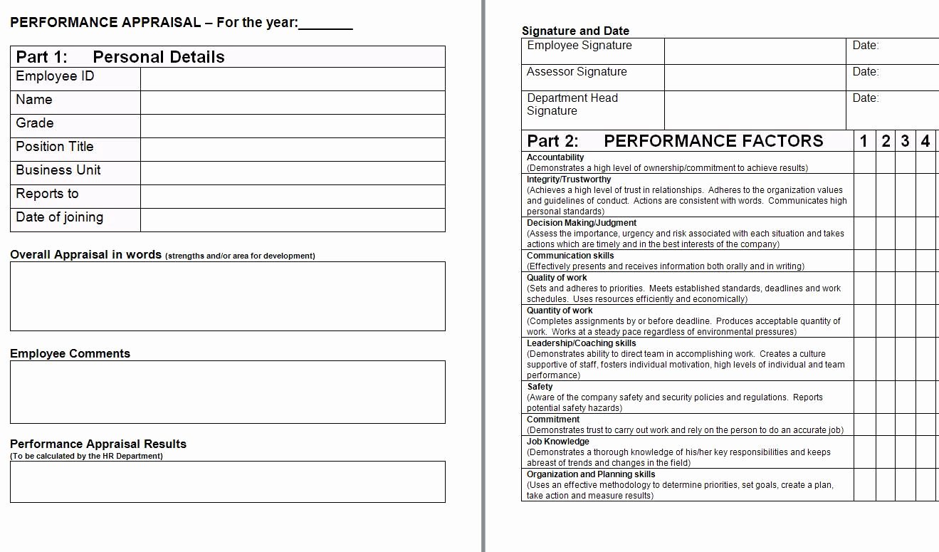 Performance Appraisal form Template