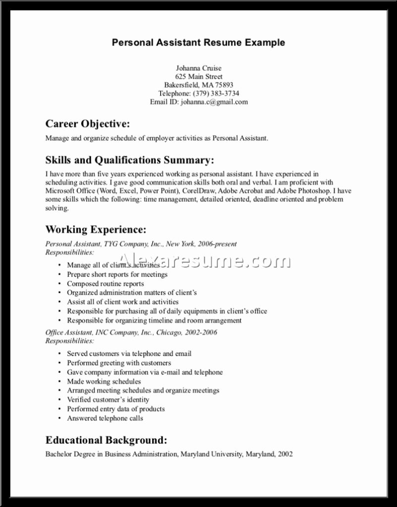 personal assistant resume examples with carrer objective and skills summary qualifications