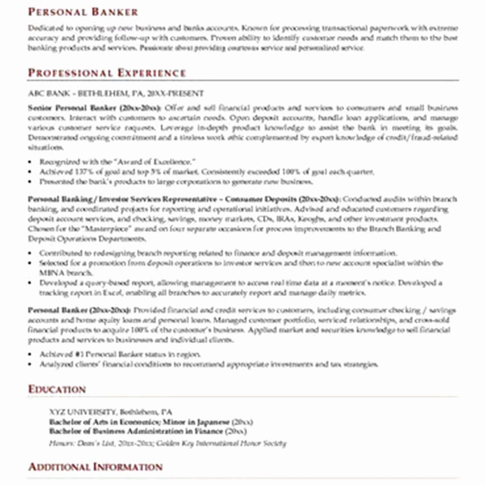 Personal Banker Sample Resume Personal Banker Resume