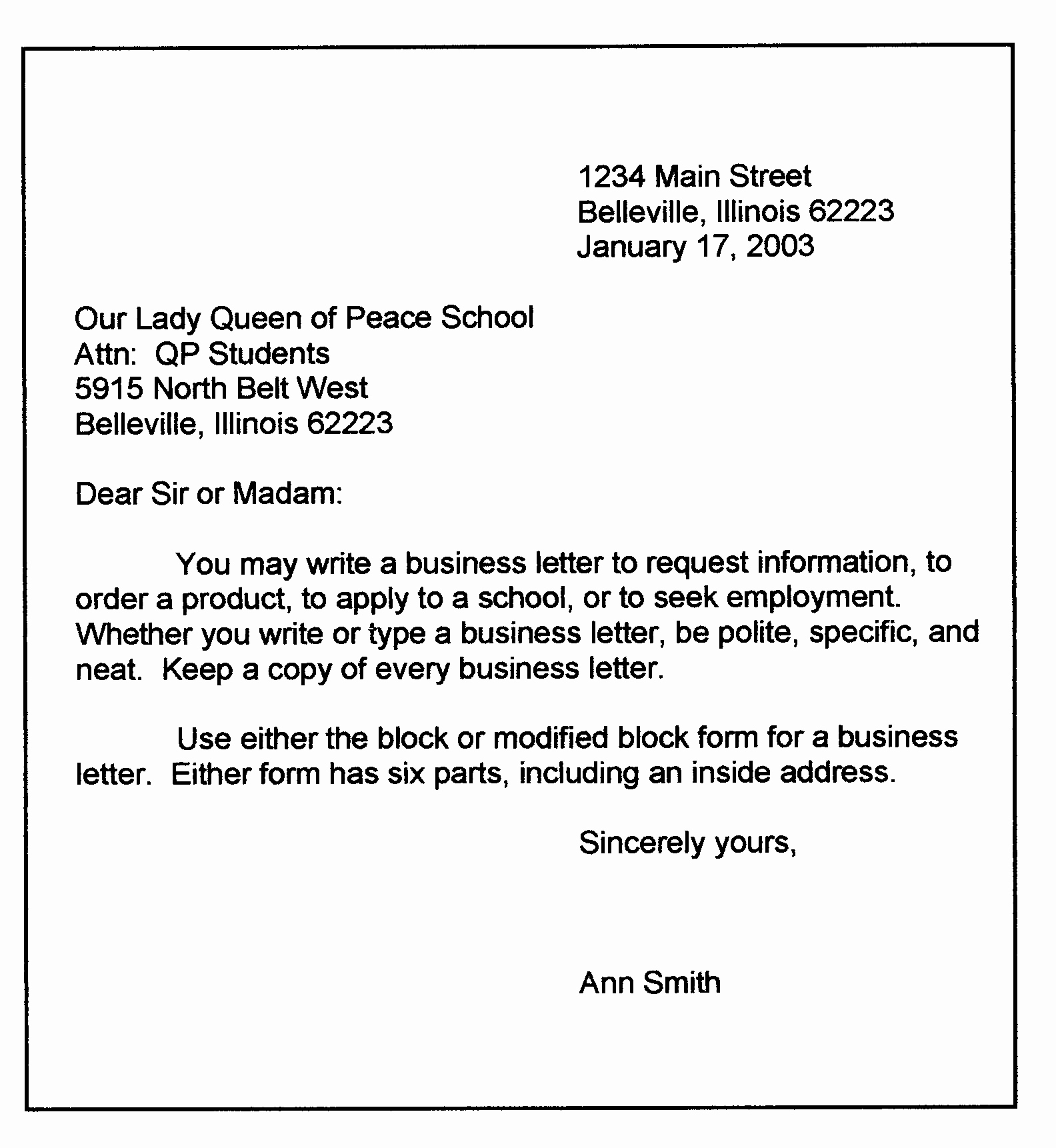 Personal Business Letter format