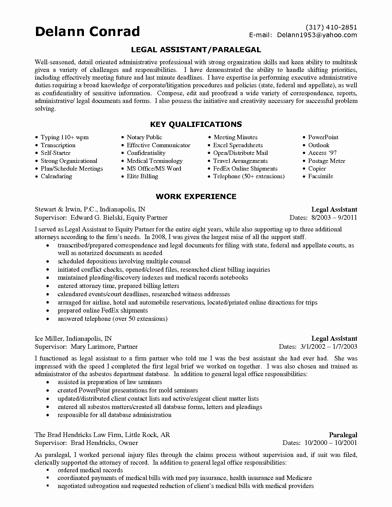 Personal Injury Legal assistant Resume Sample
