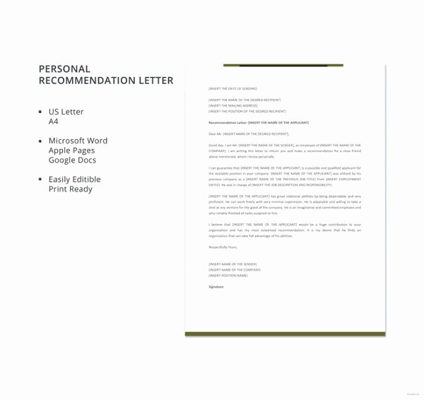 Personal Letter Of Re Mendation 16 Free Word Excel