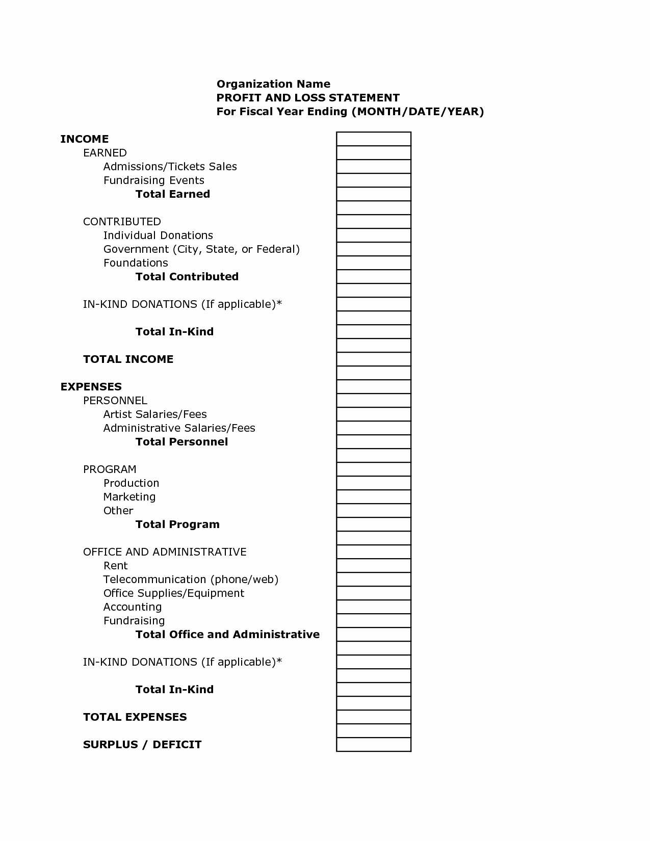 personal profit and loss template