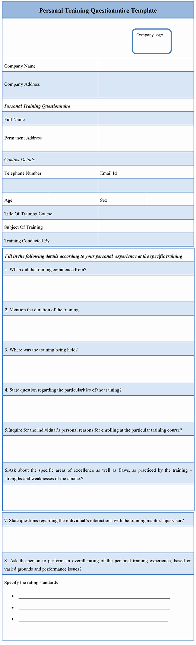 Personal Training Questionnaire Template