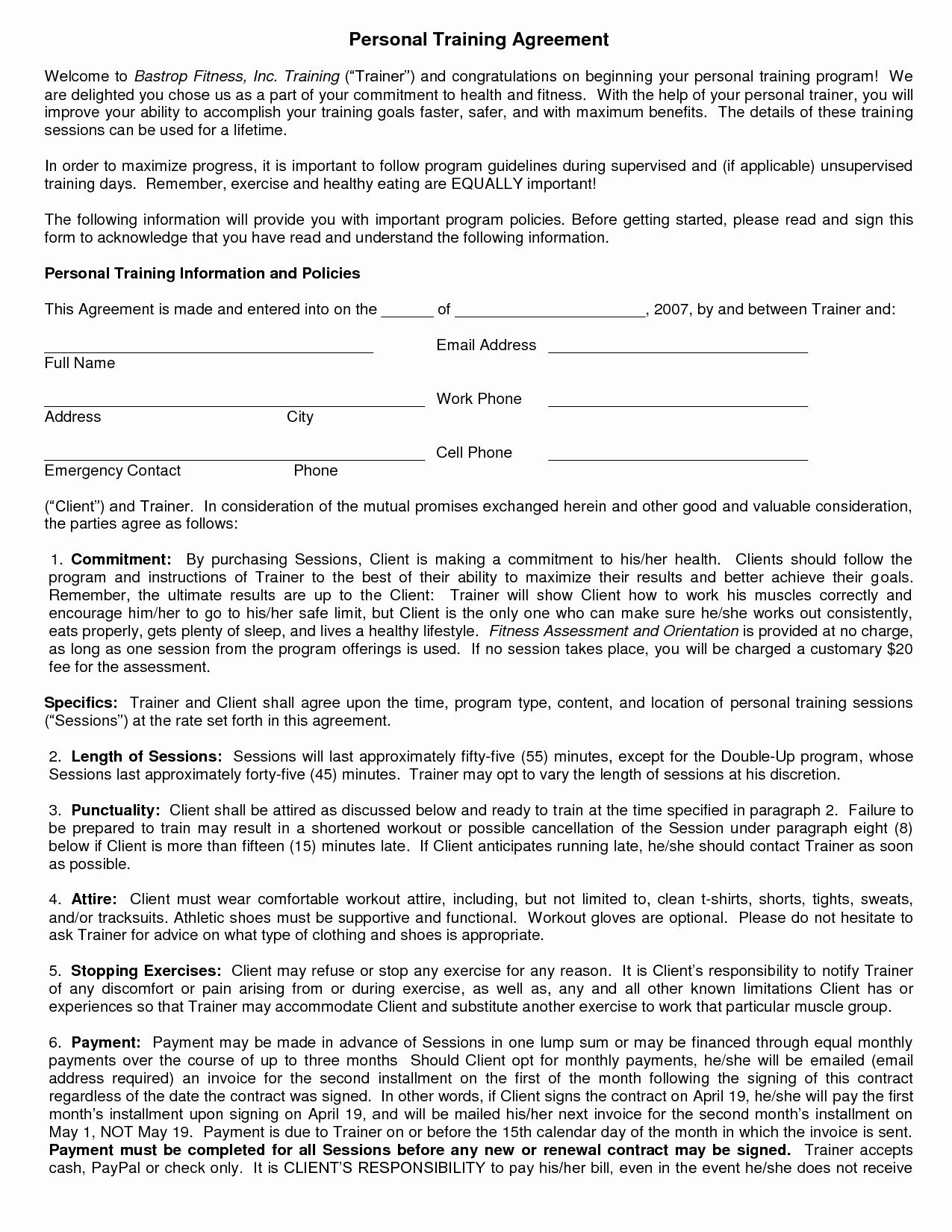 Personal Training Service Agreement Excellent 27