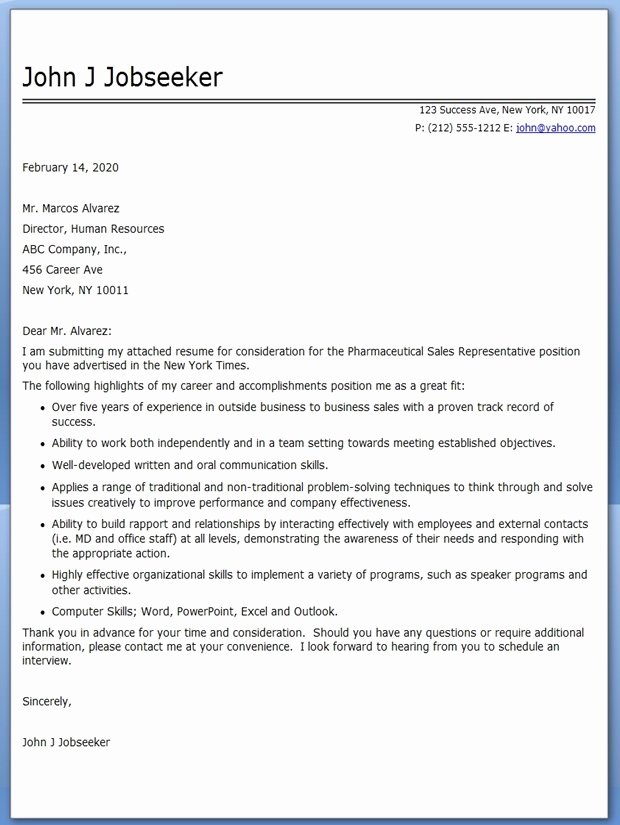 Pharmaceutical Sales Cover Letter Example