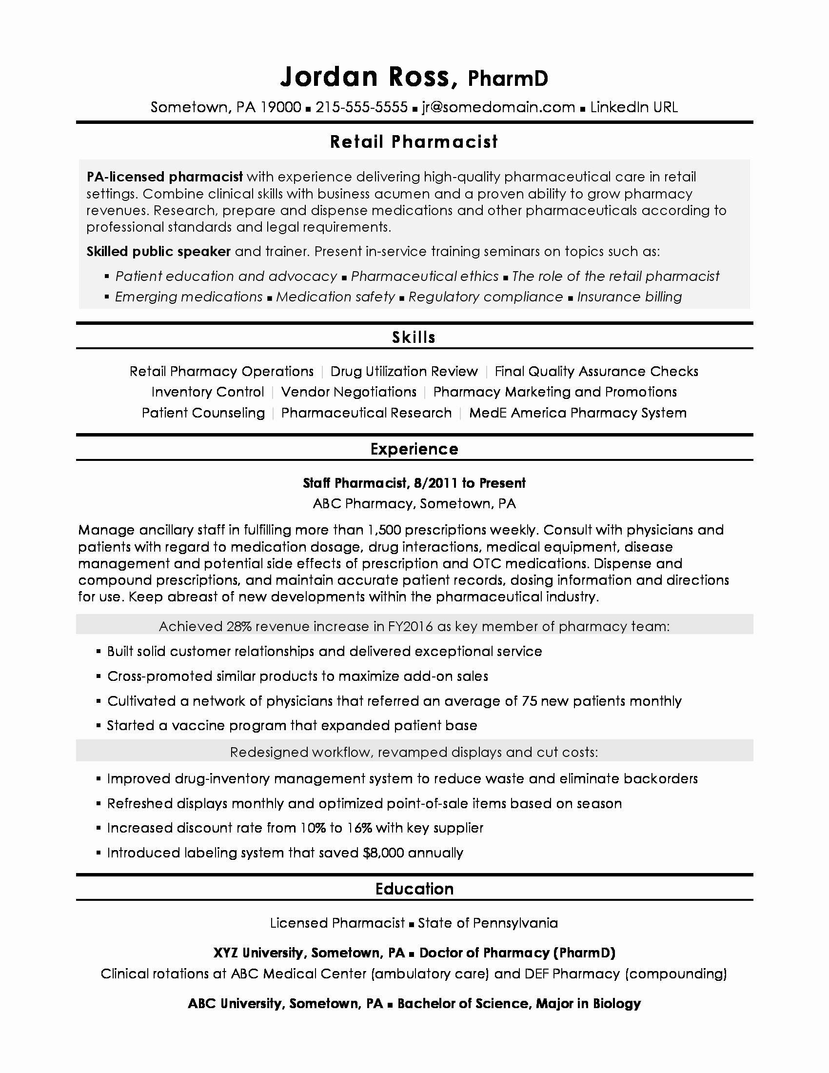 sample resume pharmacist