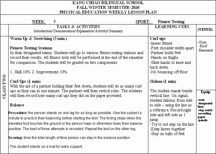 Physical Education Department Pe Weekly Lesson Plans