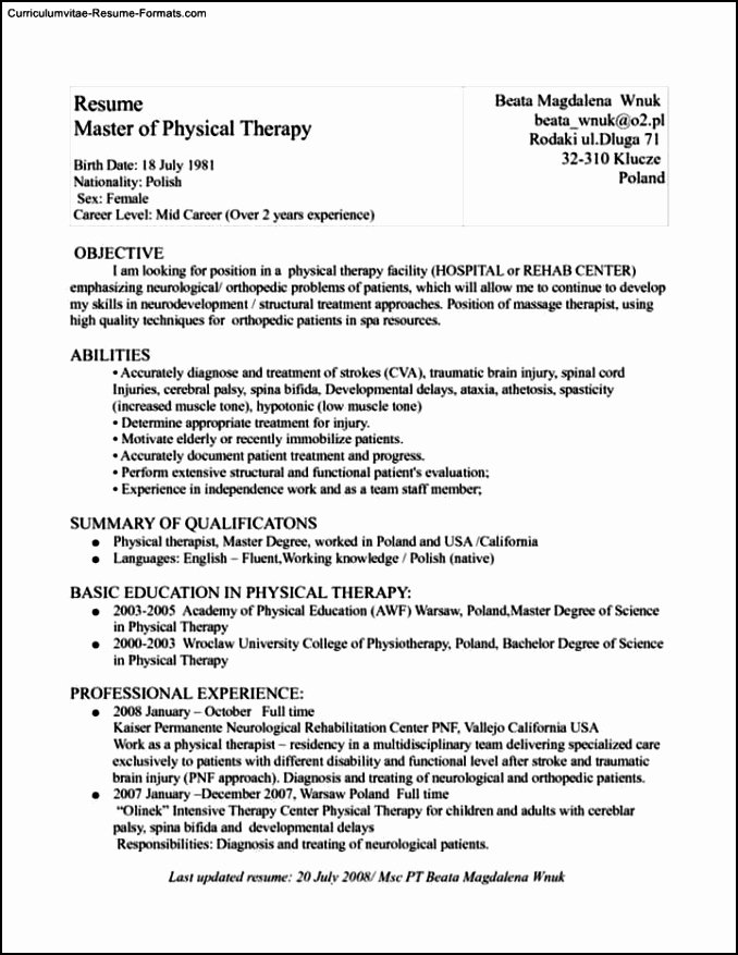 Physical therapist Resume Template Free Samples