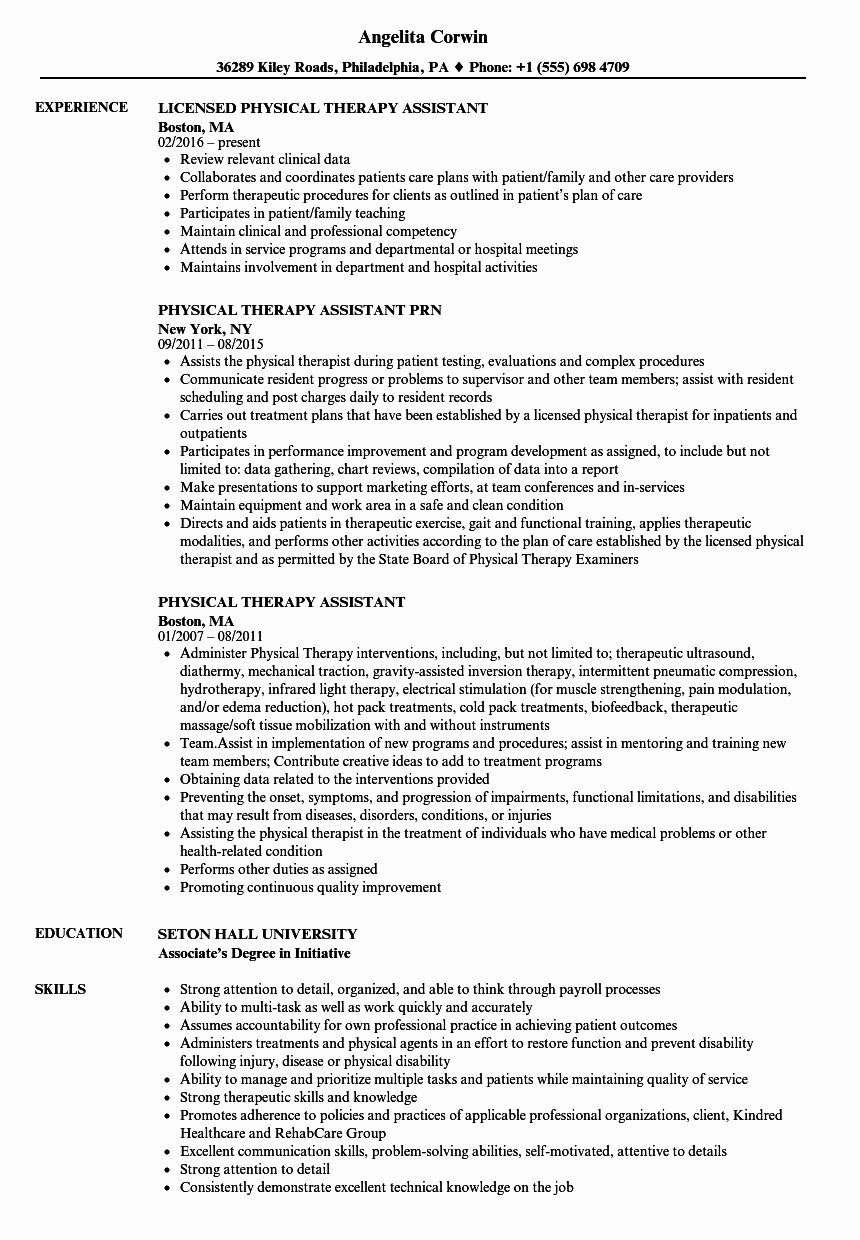 Physical therapy assistant Resume Samples