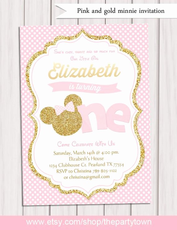 Pink and Gold Minnie Mouse First Birthday Party Invitation