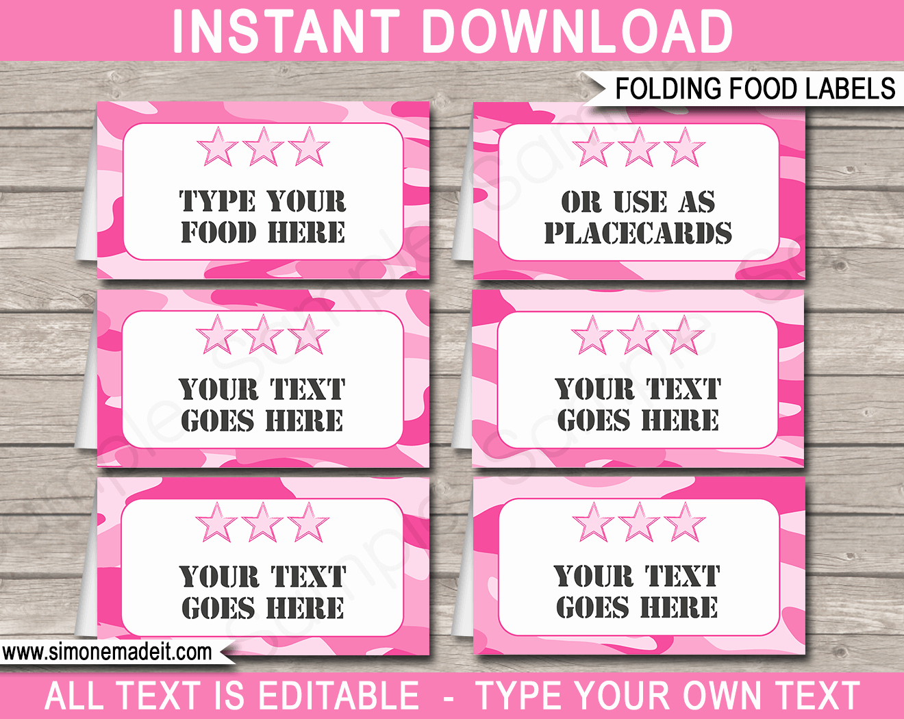 Pink Camo Food Labels Place Cards