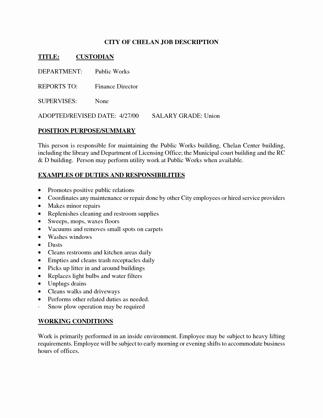 Pleasant Maintenance Supervisor Job Description Resume