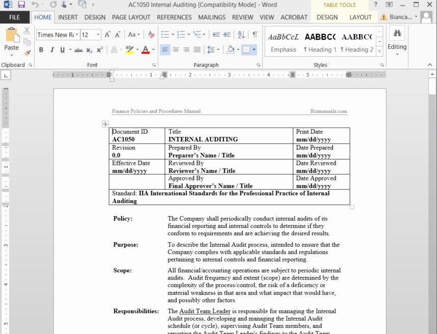 Policy and Procedure Template Microsoft Word Free Sample