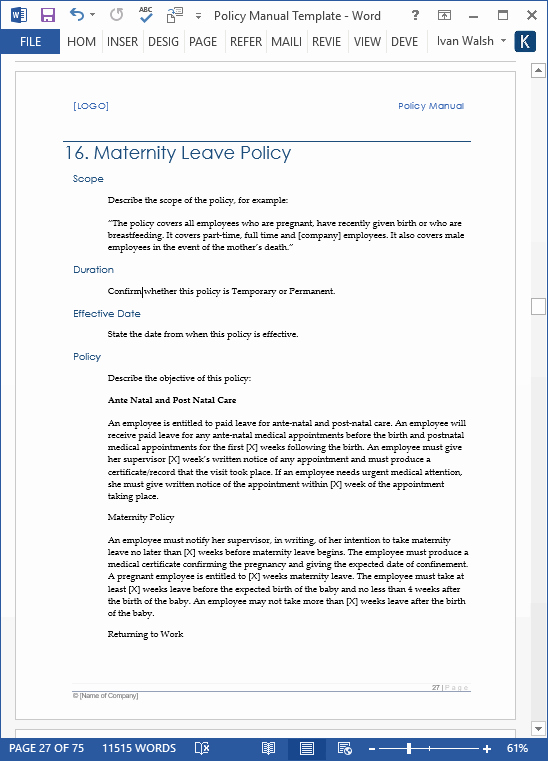 Policy Manual Templates Ms Word Excel