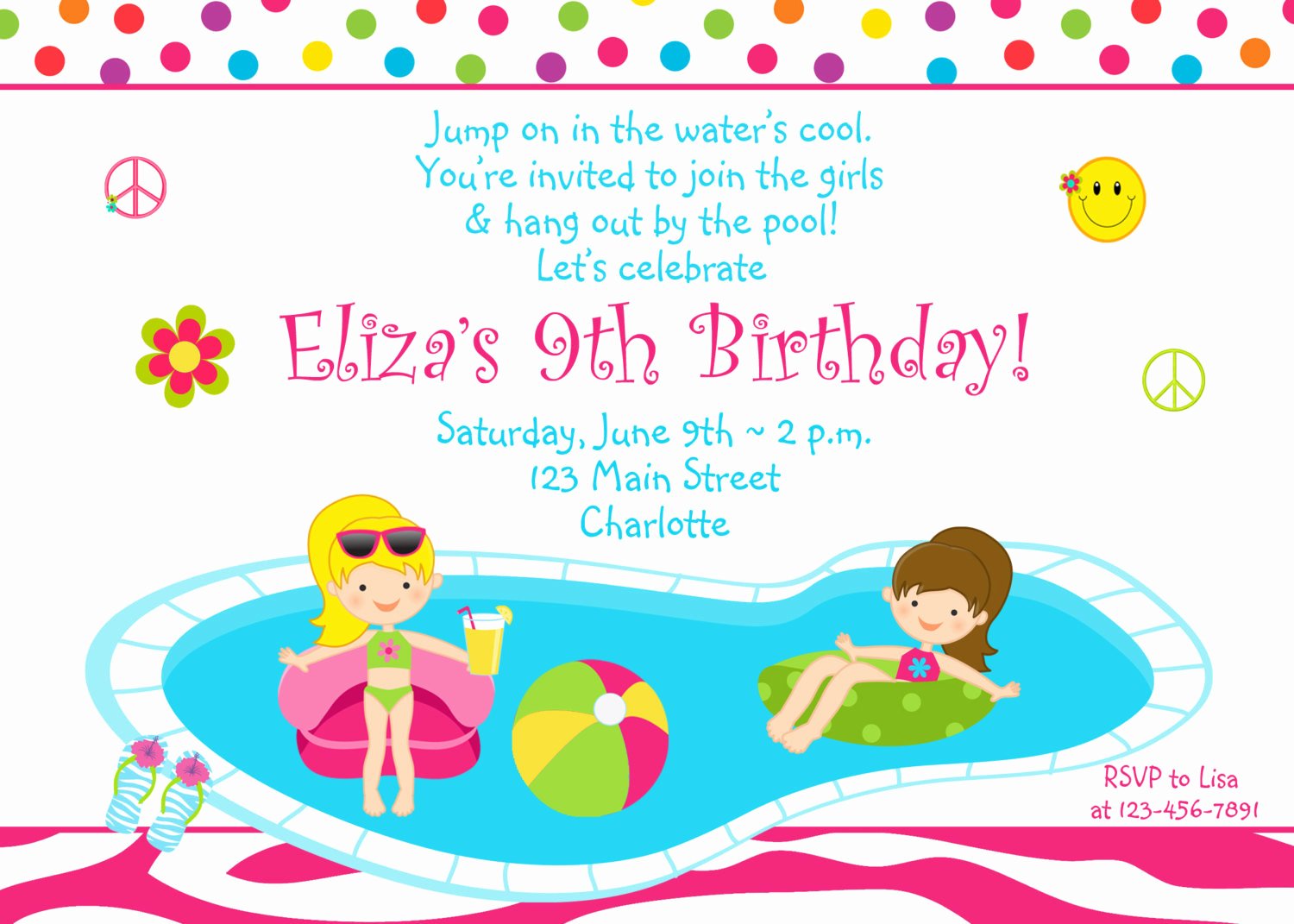 Pool Party Birthday Invitation Girls Pool Party Zebra