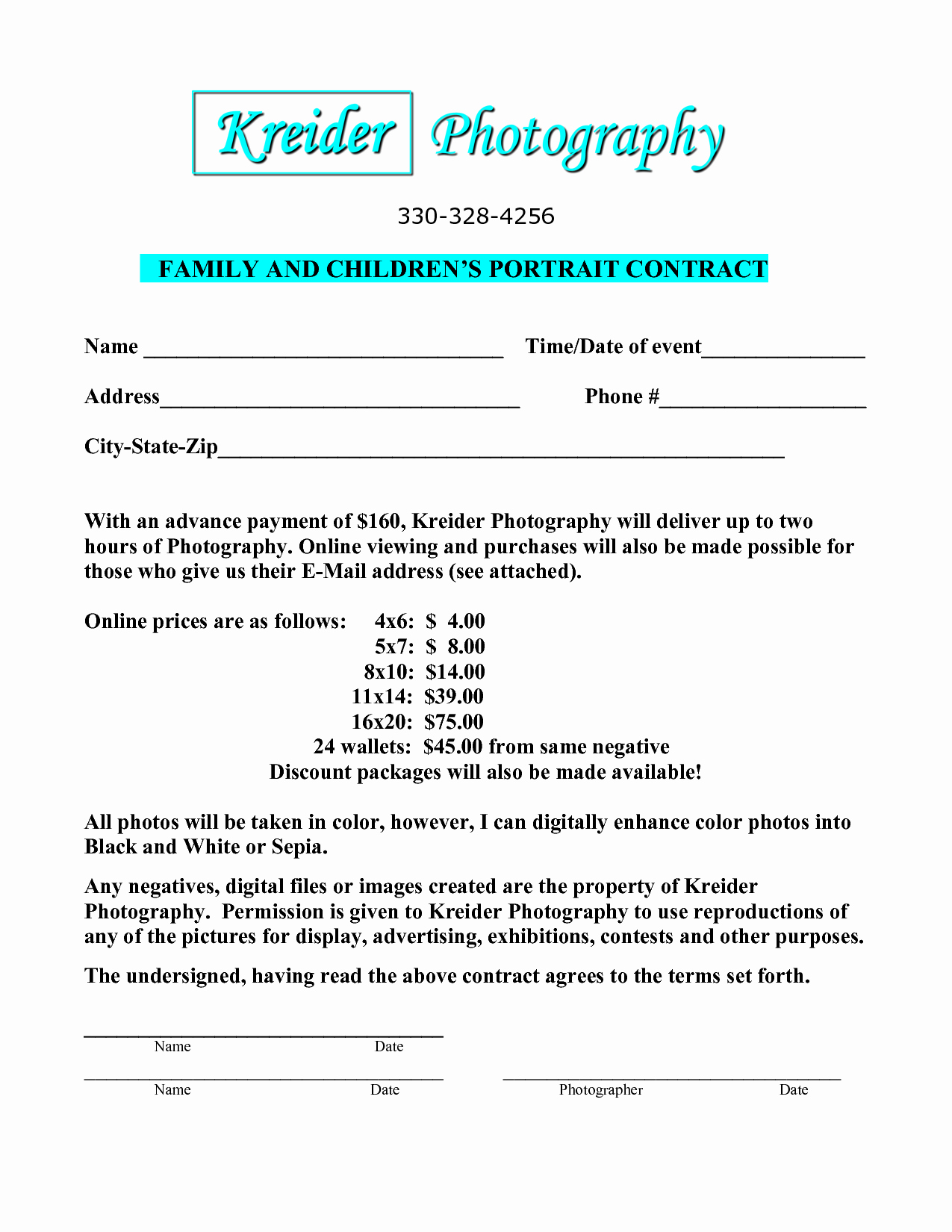 Portrait Graphy Contract Template Free Printable
