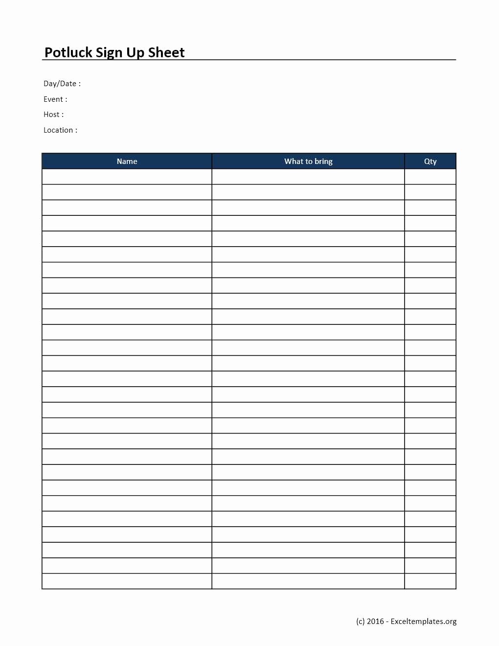 Potluck Sign Up Sheet Template Excel Templates