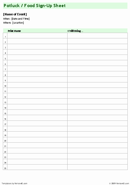 Potluck Sign Up Sheet Template for Excel
