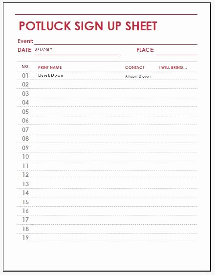 Potluck Sign Up Sheet Templates for Excel