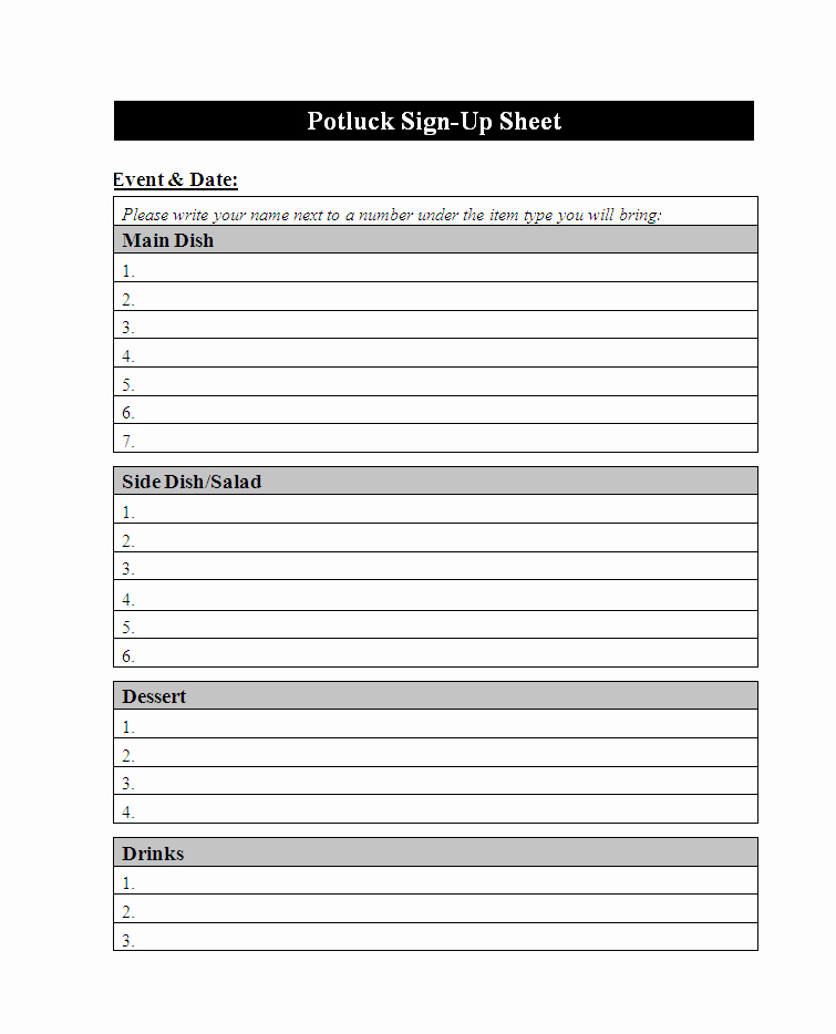 Potluck Sign Up Sheet Templates