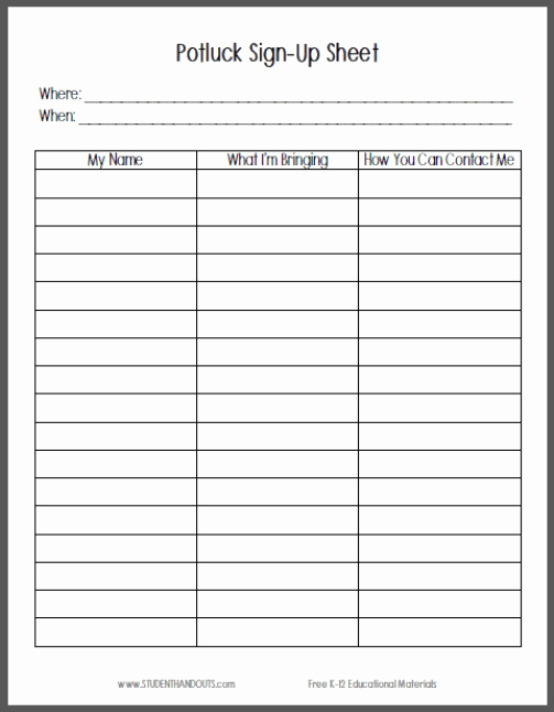 Potluck Sign Up Sheets Find Word Templates