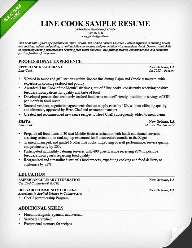 Prep Cook and Line Cook Resume Samples