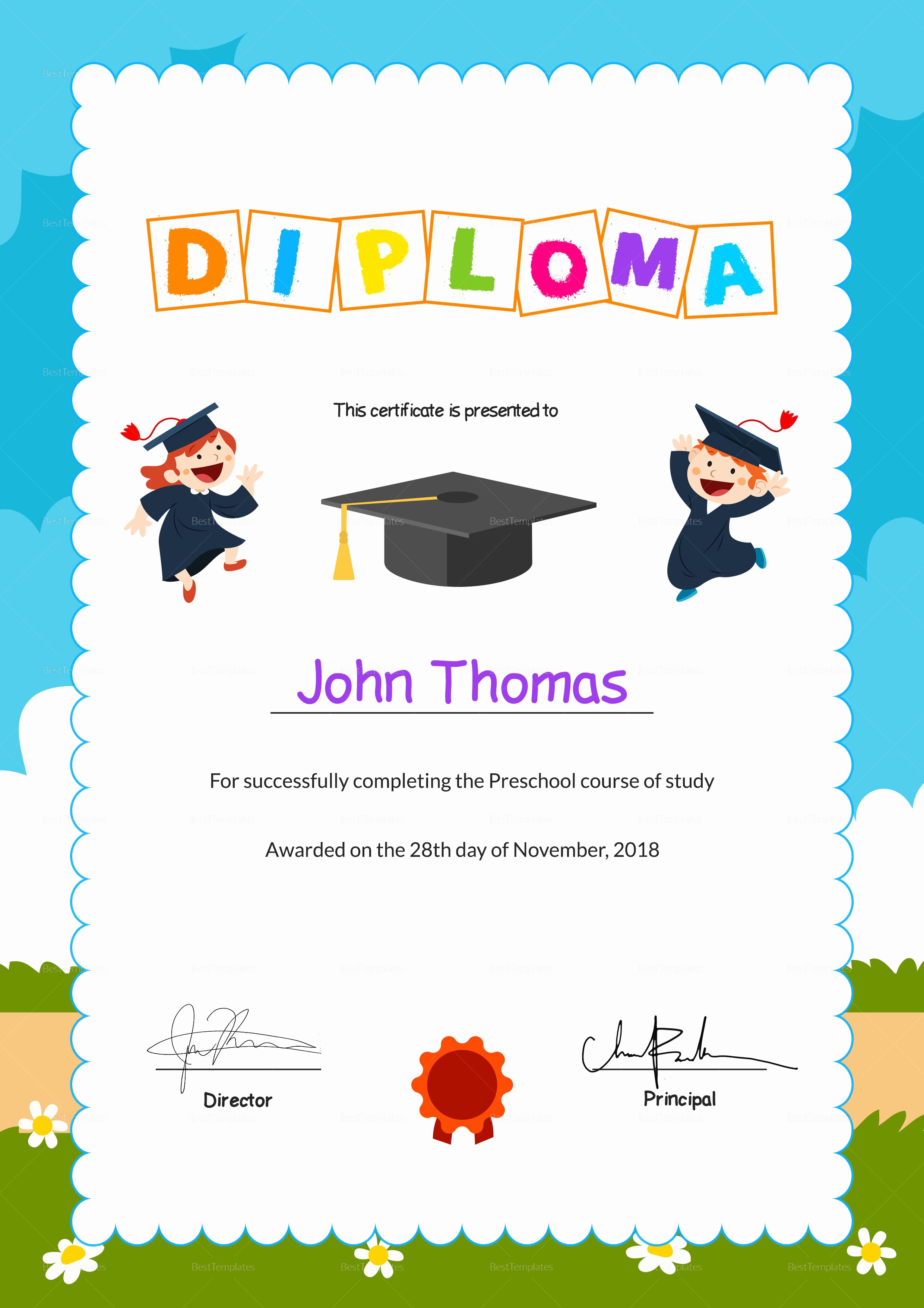 Preschool Diploma Graduation Certificate Design Template