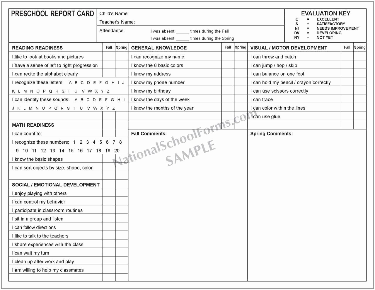 Preschool Report Card Nationalschoolforms