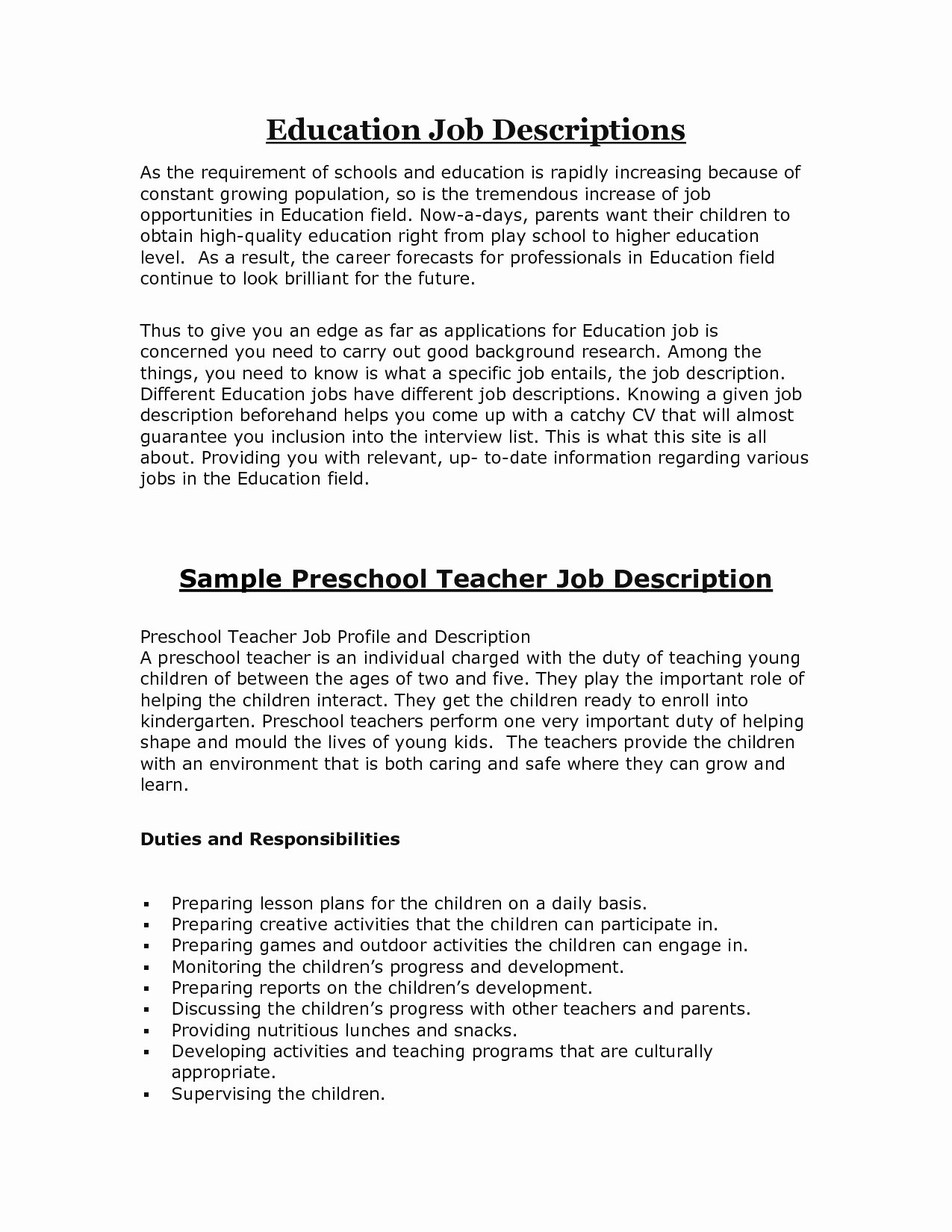 Preschool Teacher assistant Job Description Resume