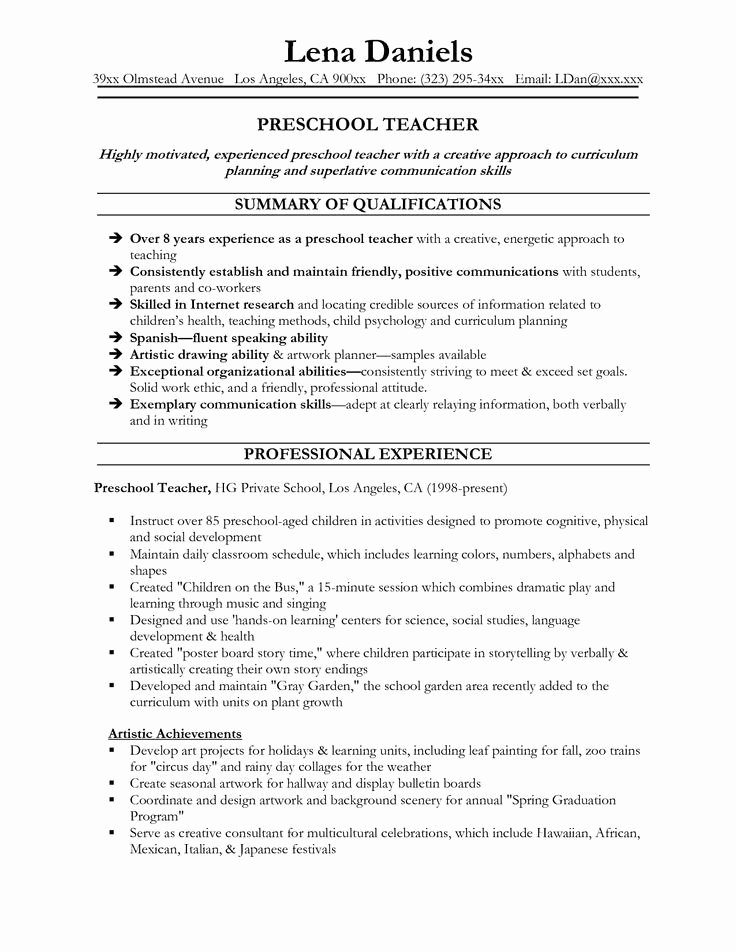 Preschool Teacher Resume O Preschool