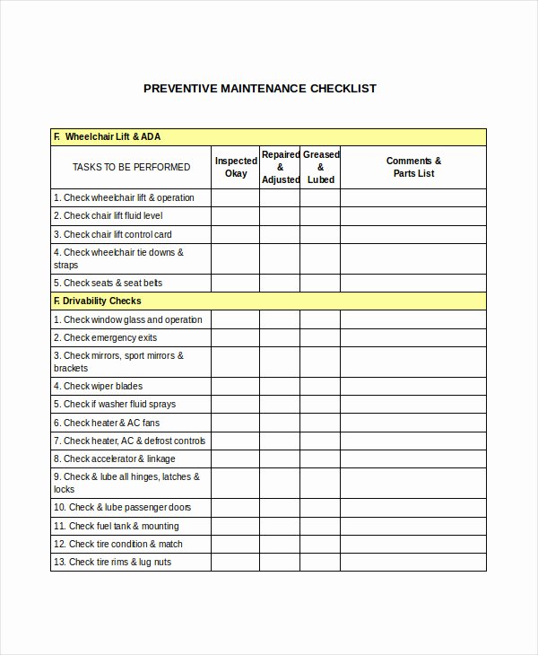 Preventative Maintenance Checklist Template