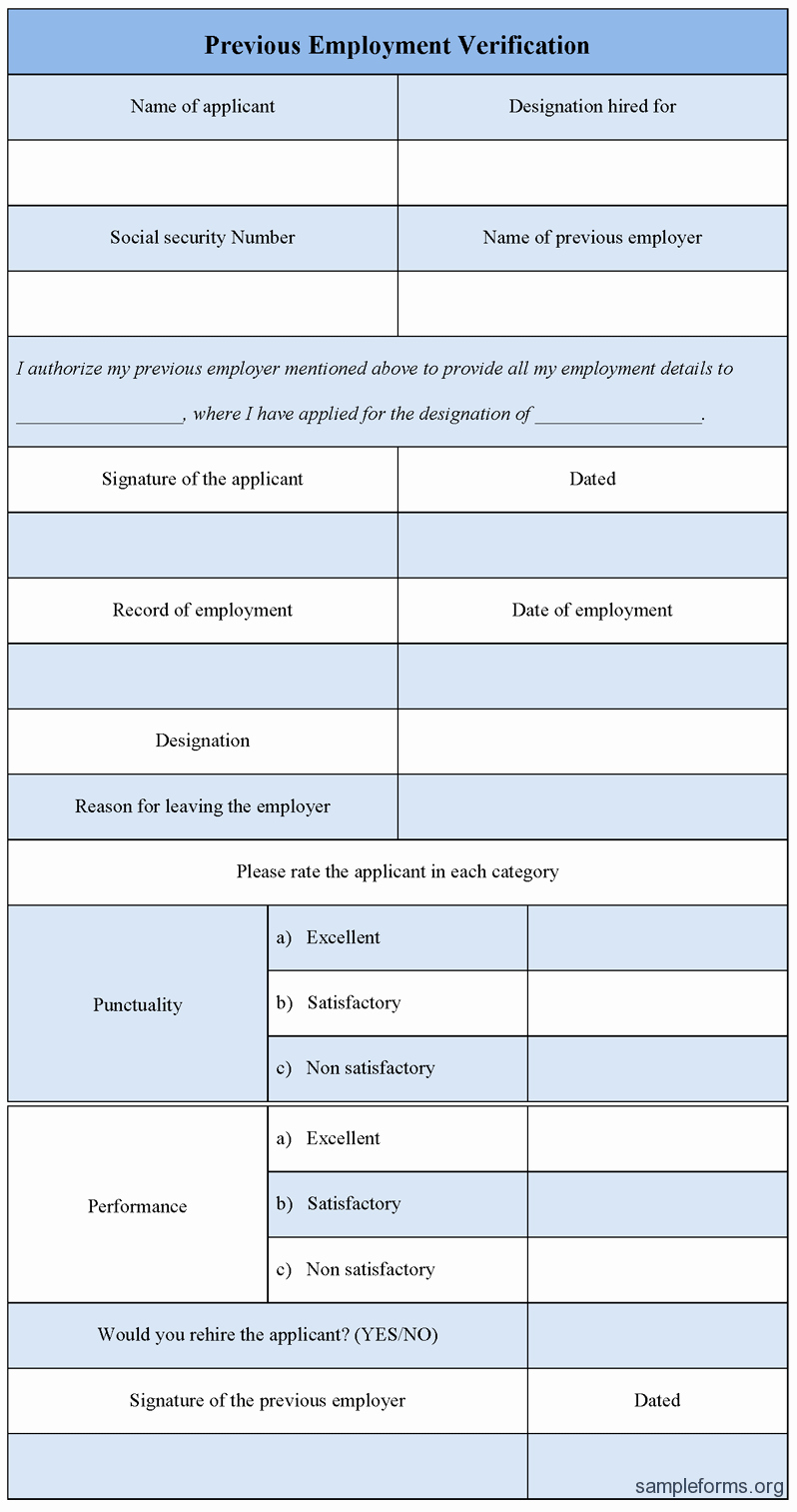 Previous Employment Verification form Sample forms