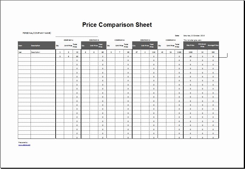 Price Parison Sheet Template for Excel