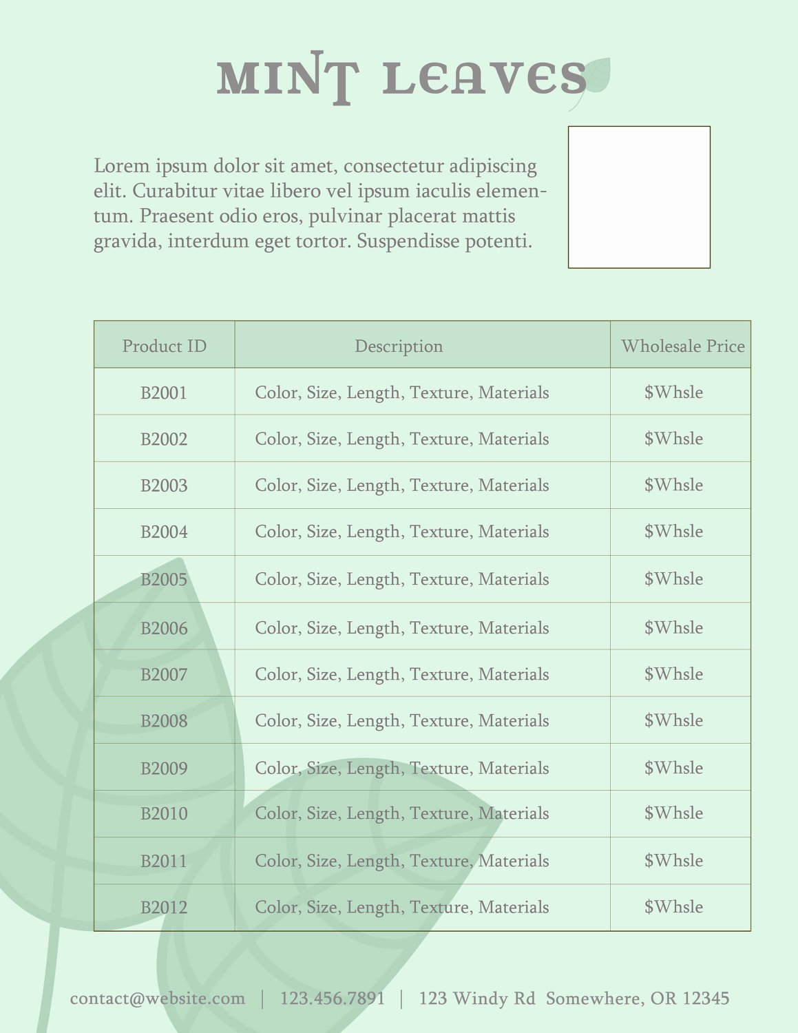 Price Sheet for Line Sheet or wholesale Catalog Template Add