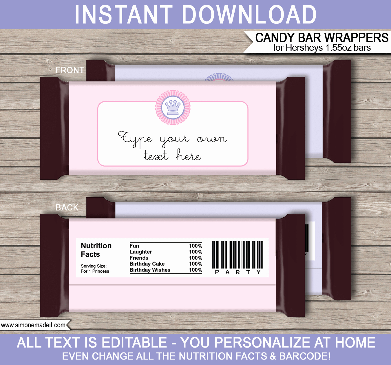 Princess Party Hershey Candy Bar Wrappers