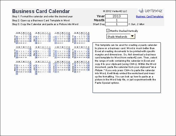 Print A Yearly Calendar On A Business Card