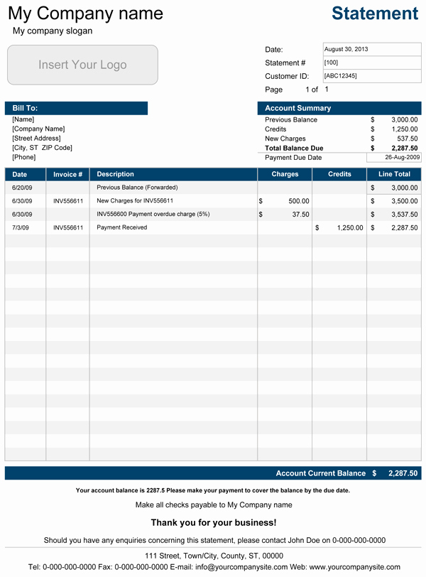 Printable Account Statement Template for Excel