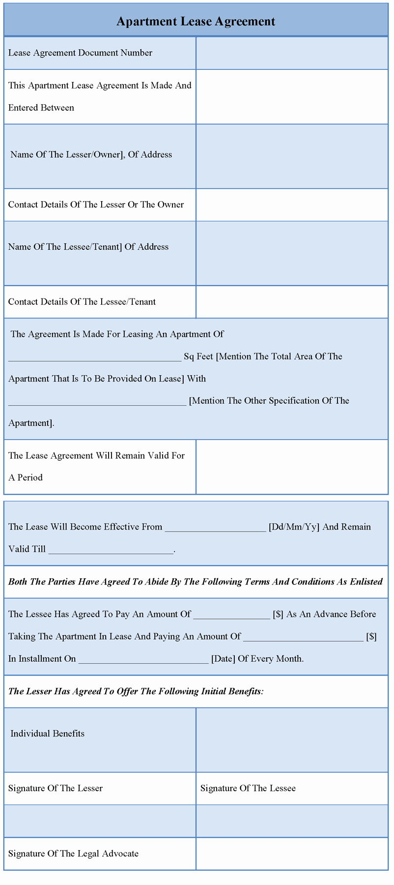 Printable Apartment Lease Agreement Template